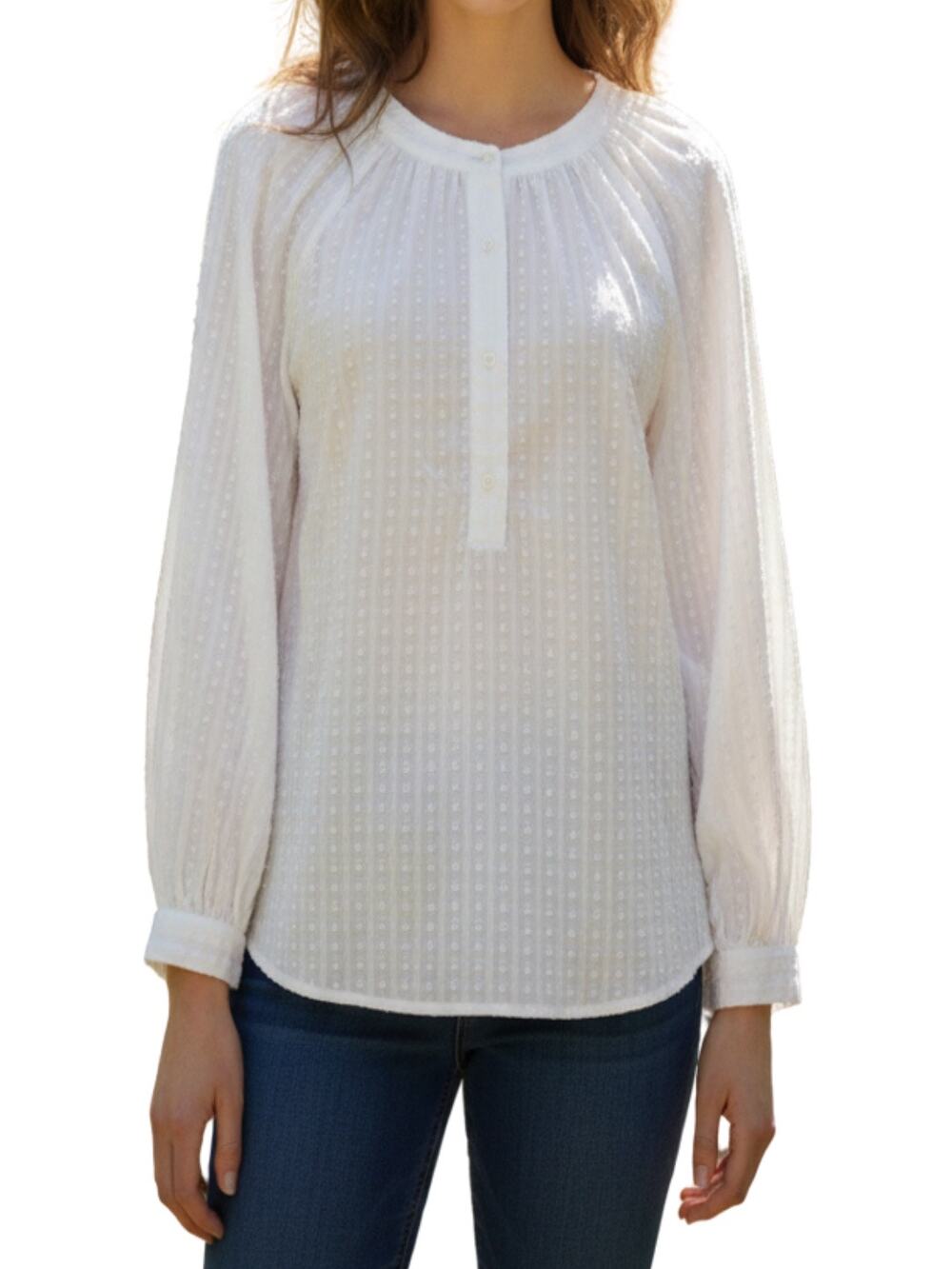 Vineyard Vines Swiss Dot Stripe Cotton Long Sleeve Blouse White Size L